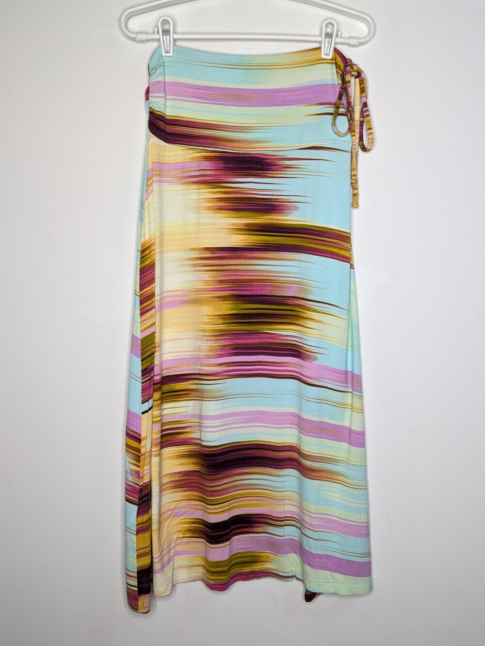 Dakini Blue Yellow Brown Abstract Stretch Midi Skirt M